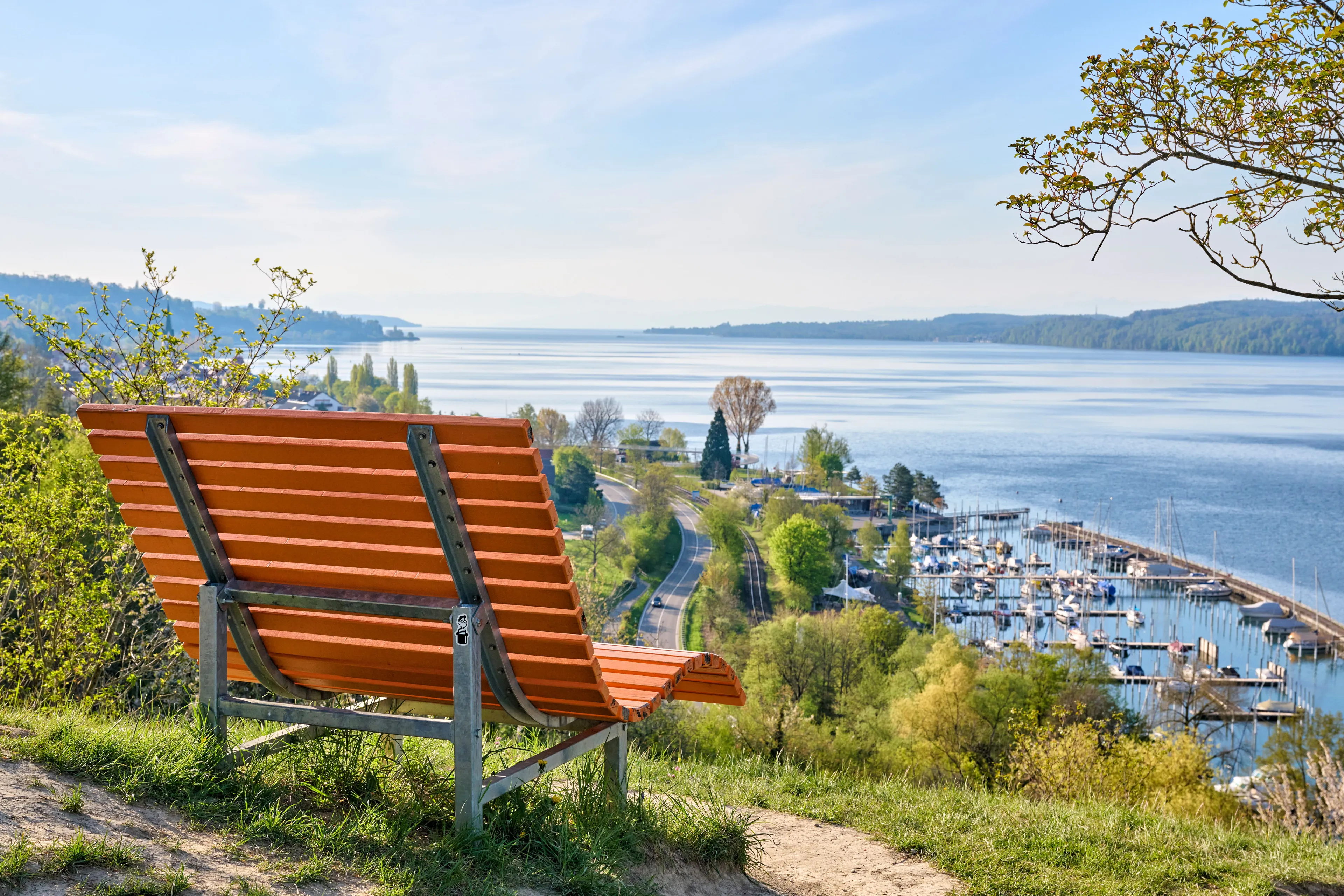Bank auf einer Anhöhe über dem Yachthafen von Friedrichshafen und dem Bodensee an einem sonnigen Tag