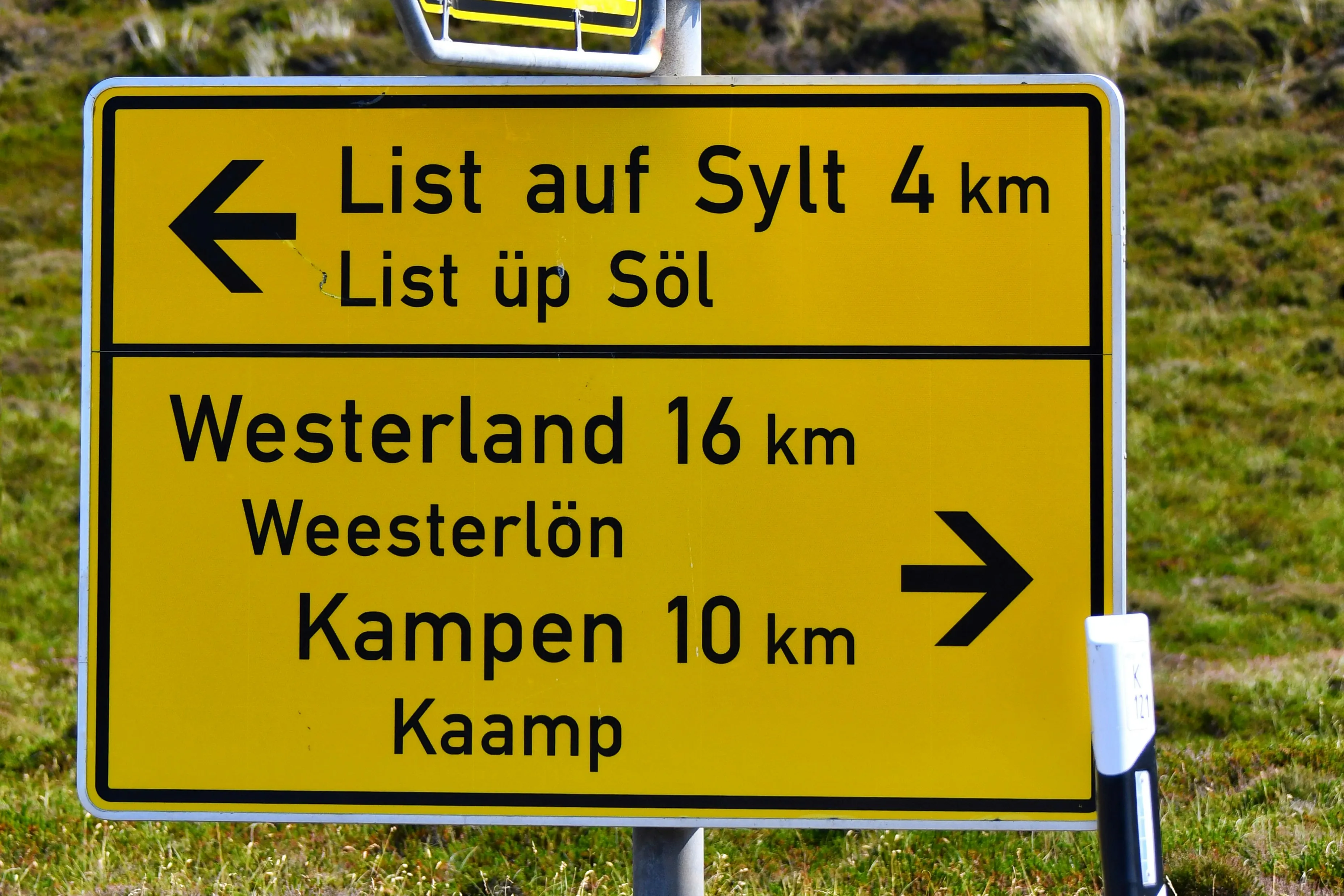 A yellow road sign in front of a dune pointing to List auf Sylt (List üp Söl), Westerland (Weesterlön) and Kampen (Kaamp)